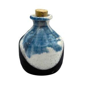 Raku Studio Art Ceramic Pottery Vase Signed With Cork Stopper Blue White 3.5 in